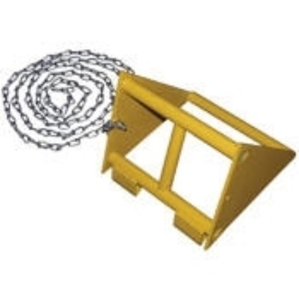 Open face radius allows chock to be used with any size tire. Includes chain.