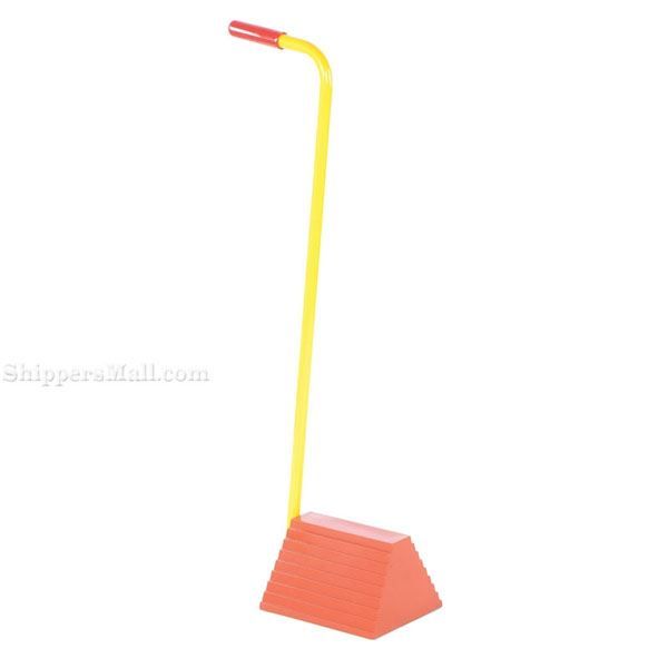 Rubber wheel chocks that are ergonomically designed with handle so you dont bend over for semi truck trailers OSHA approved