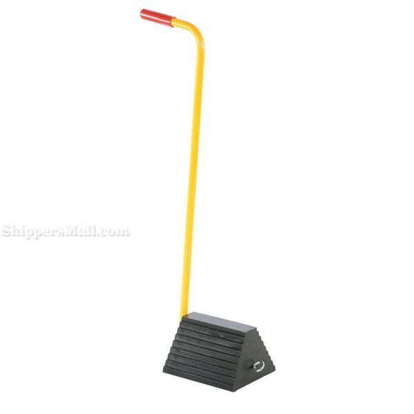 OSHA approved rubber semi trailer wheel chocks with ergonomic handle so not bend over with a large selection for industrial use. SKU RWC-8-ERGO