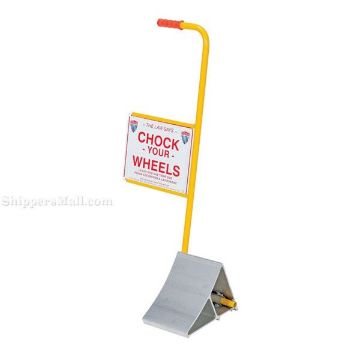 Aluminum wheel chock with long handle and sign "Chock your Wheels". EALUM-7-HS -a Aluminum Tire chock with long handle and sign "Chock your Wheels". 2