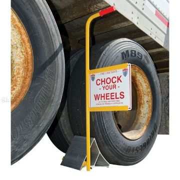 Aluminum Tire chock with long handle and sign "Chock your Wheels". demo Aluminum wheel chock with long handle and sign "Chock your Wheels". EALUM-7-HS  in use
