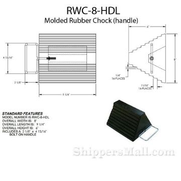 Rubber semi trailer wheel chocks with handle large selection for industrial use. SKU RWC-8-HDL DRW Rubber wheel chocks for semi truck trailers OSHA approved SKU RWC-8-HDL DRW