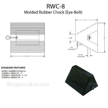 Rubber semi trailer wheel chocks w eye-bolt use OSHA approved. SKU RWC-8 DRW Rubber wheel chocks for semi truck trailers OSHA approved SKU RWC-8 DRAWING