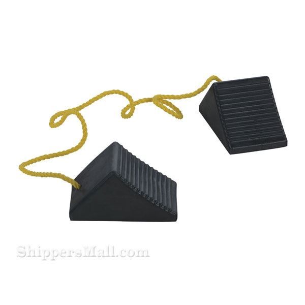Pair of rubber wheel chocks with rope attached for semi truck trailers OSHA approved SKU RWC-2-PR