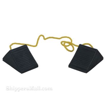 Rubber semi trailer wheel chocks with rope for chocking tires each way. SKU RWC-2-PR Pair of rubber wheel chocks and rope for semi truck trailers OSHA approved SKU RWC-2-PR