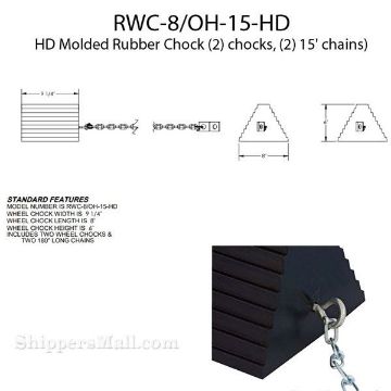 Wheel chocks 2 chocks & 2 chains OSHA approved rubber semi trailer . SKU RWC-8/OH-15-HD DRW Rubber tire chock with heavy duty chain attached for semi truck trailers 2 chocks and 2 chains SKU RWC-8/OH-15-DRW