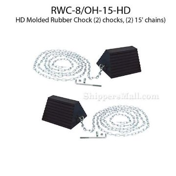 Wheel chocks 2 chocks & 2 chains OSHA approved rubber semi trailer . SKU RWC-8/OH-15-HD 2 Rubber tire chock with heavy duty chain attached for semi truck trailers 2 chocks and 2 chains SKU RWC-8/OH-15-HD 2