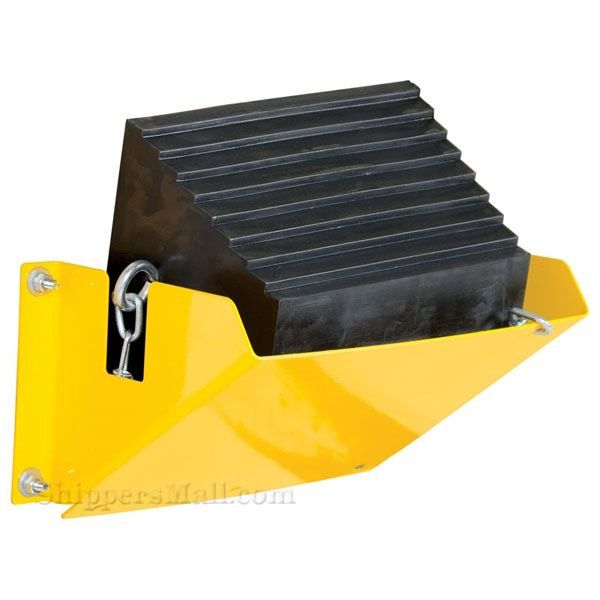 Wall mounted wheel chock holder made of steel.