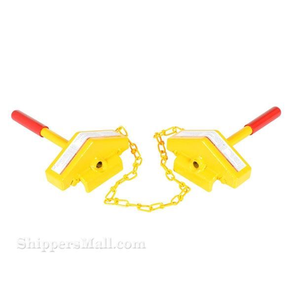 2 Rail car chocks with chain.