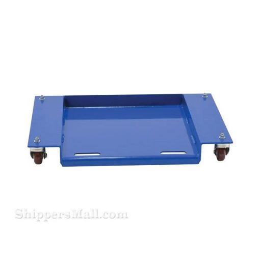 Low-profile steel dolly allows for loading and unloading of materials at floor level. 