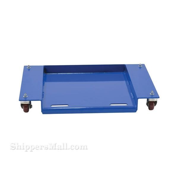 Low-profile steel dolly allows for loading and unloading of materials at floor level. 