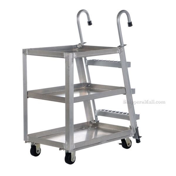 Aluminum Stock Picker truck. Stockpicker cart with ladder for pulling items from shelves. Has a capacity of 660 lbs. Mfg Part # SPA3-2236