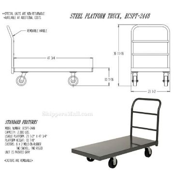 "Steel Platform Truck with 6"x2" Rubber Casters. Deck size is: 24"x48" and has a 2000 lb. capacity. 6"X2" rubber wheels. Part #: ECSPT-2448 Drawing Steel Platform Truck with 6x2" Rubber Casters. Deck size is: 24"x48" and has a 2000 lb. capacity. 6"X2" rubber wheels. Part #: ECSPT-2448 DRAWING