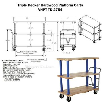 Triple Deck Hardwood Platform Cart 27X54 Drawing Triple Deck Hardwood Platform Cart with a 1600 lb. capacity. Deck size; 27X54Part #: VHPT/TD-2754 Drawing