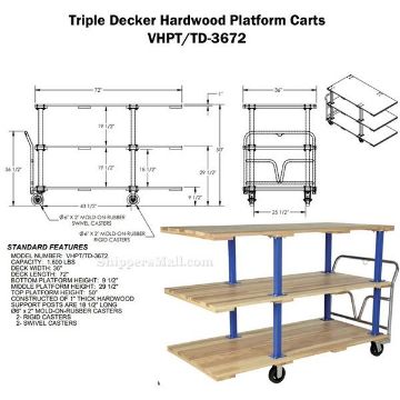 Triple Deck Hardwood Platform Cart 36X72 drawing Triple Deck Hardwood Platform Cart with a 1600 lb. capacity. Deck size; 36X72, Part #: VHPT/TD-3672 drawing