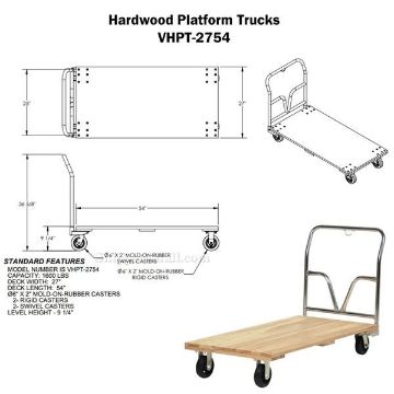 Hardwood platform truck with a hardwood deck. Part #: VHPT-2754 drawing Hardwood Platform Truck  27Wx54L drawing