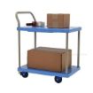 Plastic platform truck with double shelves, Single Handle, and foot brake. Deck size: 18"x23-7/8". Capacity: 330. Weight: 32 lb.