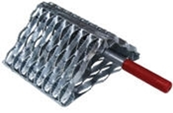 Serrated steel trailer chock, grate style includes positioning handle with grip.