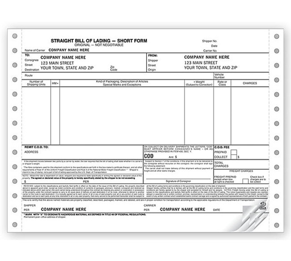 Bills Of Lading, Continuous, Small Format - 3 Ply - DF9252-3