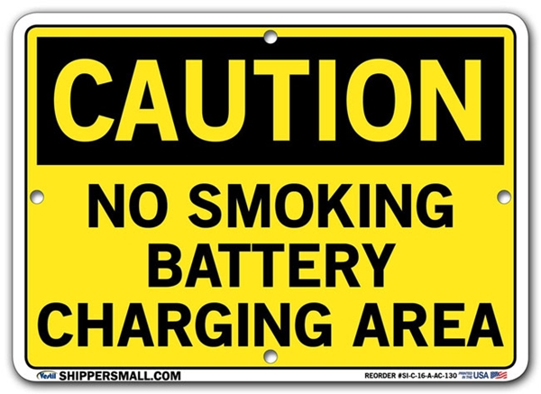 "CAUTION - NO SMOKING BATTERY CHARGING AREA" Sign in 28 Substrate Variations to fit your needs. Choose your Thickness, Material and Size.