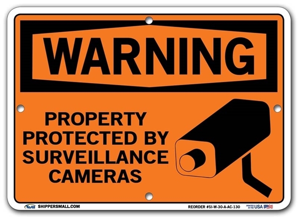 WARNING - Property Protected By Surveillance Cameras signs. Choose from 28 different materials for each sign. Part #: SI-W-30-GRP