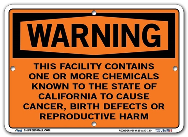 WARNING - This Facility Contains One Or More Chemicals Cause Cancer, Birth Defects, Reproductive Harm signs. Choose from 28 different materials for each sign. Part #: SI-W-25-GRP