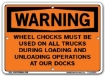 WARNING - Wheel Chocks Must Be Used On All Trucks During Loading And Operations At our Docks signs. Choose from 28 different materials for each sign. Part #: SI-W-16-GRP