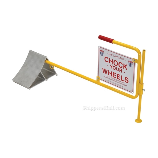 Aluminum tire chock with "Chock your Wheels" sign attached to it.
