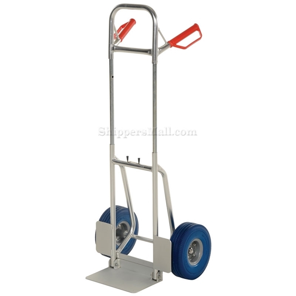 Folding dolly with urethane flat free wheels. Nose plate folds up to save space. Flat-Free with Blue Urethane Tires Part #: DHHT-250A-FD-UBF