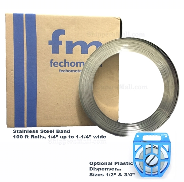 Stainless Steel Band 5/8" x 0.030" x 100' - Blue Plastic Dispenser ready to use strapping. MFG#: FTA630715835PB