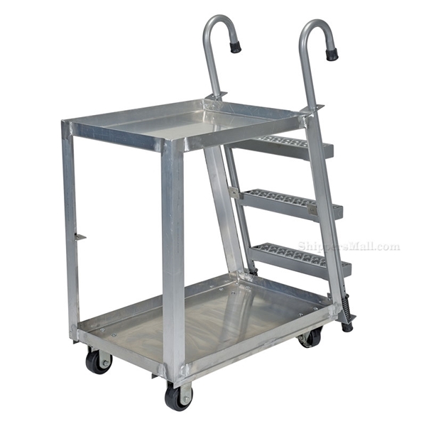 Aluminum Stock Picker truck. Stockpicker cart with ladder for pulling items from shelves. Has a capacity of 660 lbs., Mfg Part # SPA2-2236