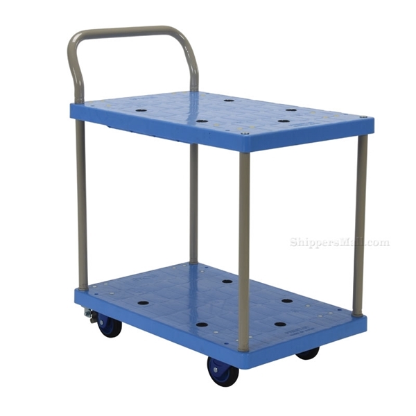 Plastic platform cart with double shelves, Single Handle, and foot brake. Deck size: 18"x23-7/8". Capacity: 330. Weight: 32 lb.