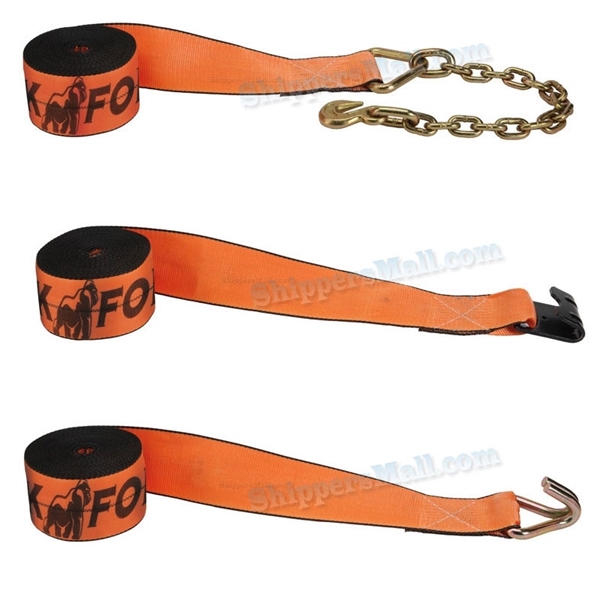Kinedyne K Force winch straps, flat hook, wire hook and chain anchor
