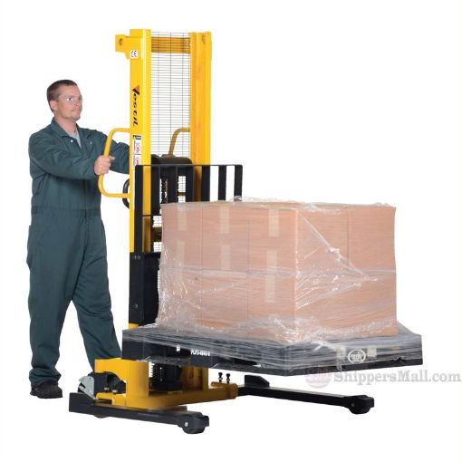 Manual Hydraulic Hand Pump Stacker with Adjustable Forks & Legs raises up to 79" with 2K lb capacity. VHPS-2000-AA