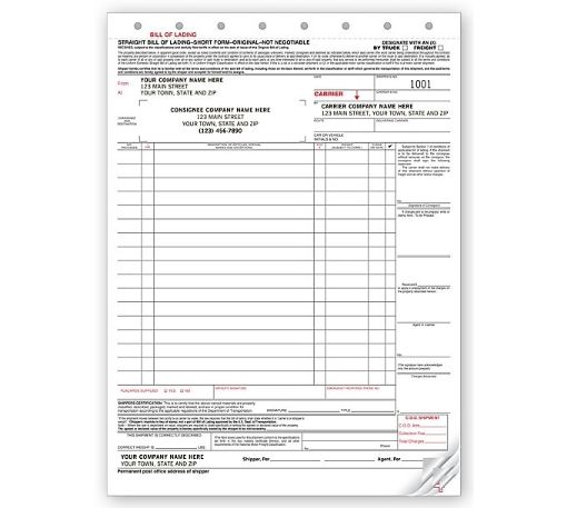 Straight Bill of Lading -  8 1/2 x 11",  - 3 or 4 Part - Large Carbonless - DF6225 a