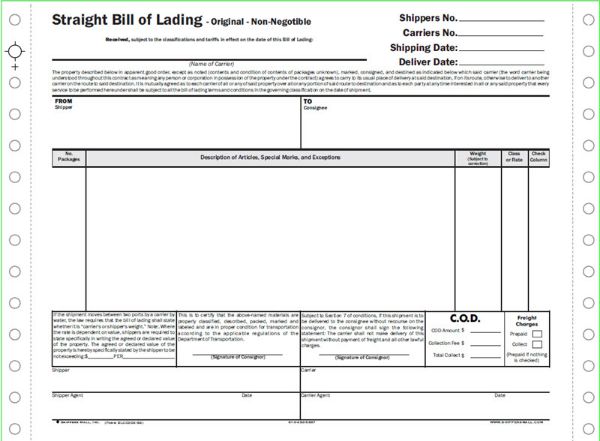 Bill of lading Short Form 9.5 X 7" P/N: BLCC004-C