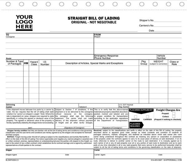 Hazmat Bills of Lading - 3 or 4 ply, Snap A Part Format - 8-1/2" X 7" - BLSNPH008-C-GRP
