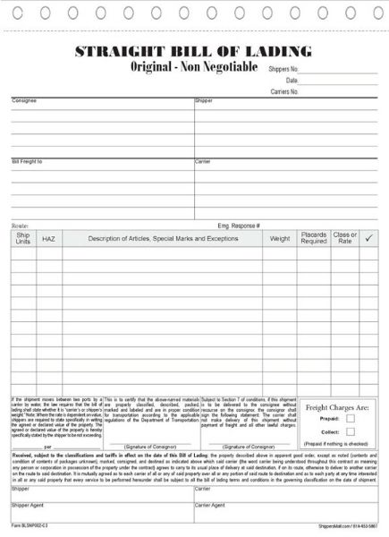 Long Form Straight bills of lading, 8-1/2" X 11" Snap-set format carbonless forms. BLSNP002-C