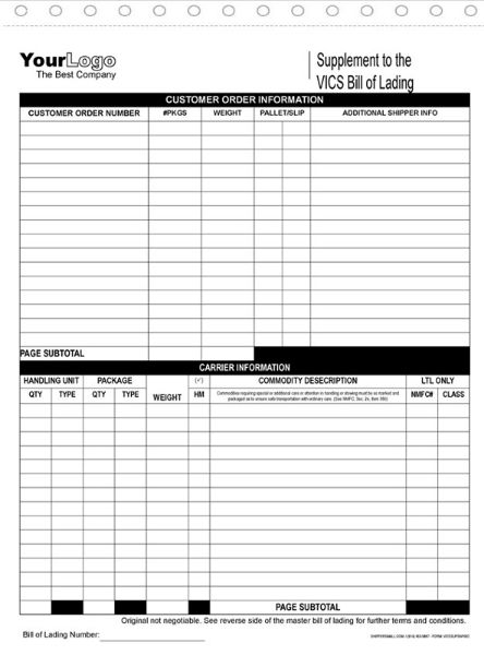 Supplement for VICS Bill of Lading in a 3 ply snap set format. P/N: VICSLFSNPSUP002-C3