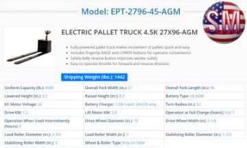 Electric pallet truck specifications EPT-2796-45 Specifications for EPT-2796-45 electric pallet truck