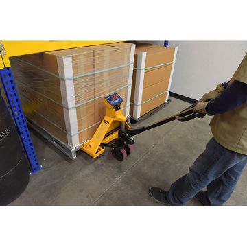 Steel Low Profile Economy Pallet Truck with Scale 67-1/2" x 27" x 47" 5000 Lb. Capacity Yellow 110 Steel Low Profile Economy Pallet Truck - PM-2748-SCL-LP-E