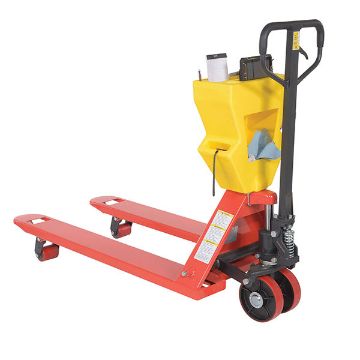 Steel/Plastic Pallet Truck 61-3/16" x 27" x 48" 5500 Lb. Capacity Red with Yellow P-Caddy 90 Steel/Plastic Pallet Truck - PM5-2748-UP-001