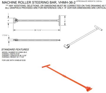 Machine skate Steering Bar - Length: 36" Long. P/N: VHMH-36-2 Machine skate Steering Bar - Length: 36" Long.