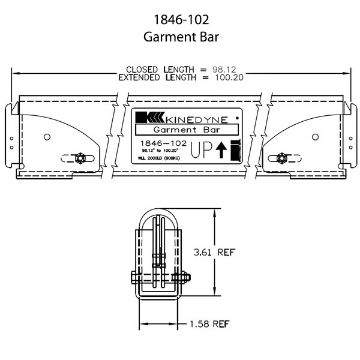 Garment Bar 98.1" to 100.2" for 102" Trailers 1846-102 DRAWING 1846-102 - Standard Garment Bar, Adjusts from: 98.1" to 100.2" for 102" Trailers