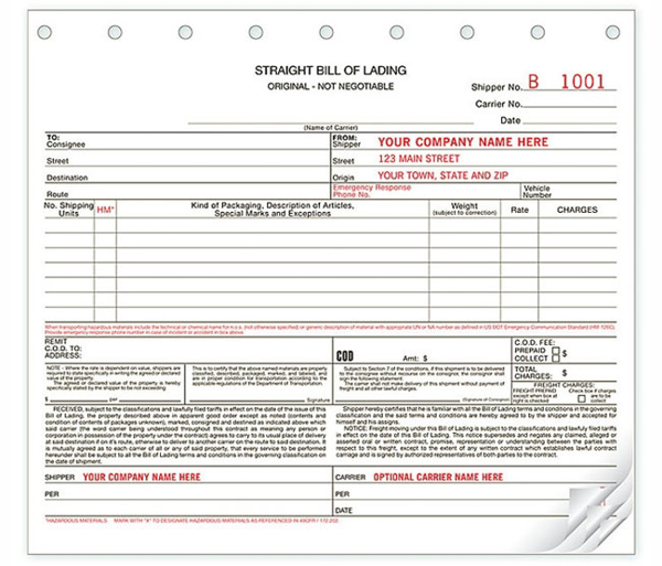 Bills Of Lading, Carbonless, Small Format - 8-1/2" X 7" 3 Ply