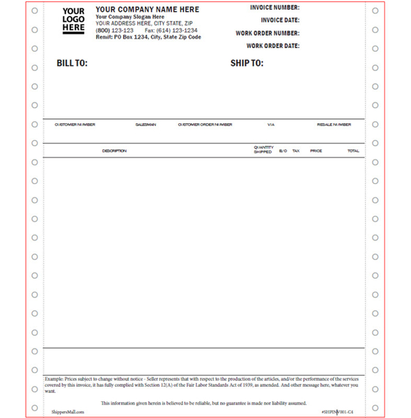 Shipping invoice, customized, 8.5" X 11" Continuous carbonless format. SHPINV001