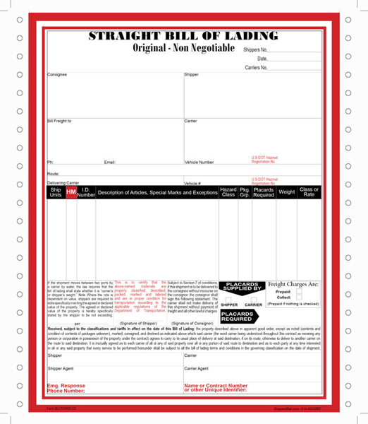 Bill of lading for hazardous materials and 3rd party freight bill to section. continuous carbonless format, BLCCH002