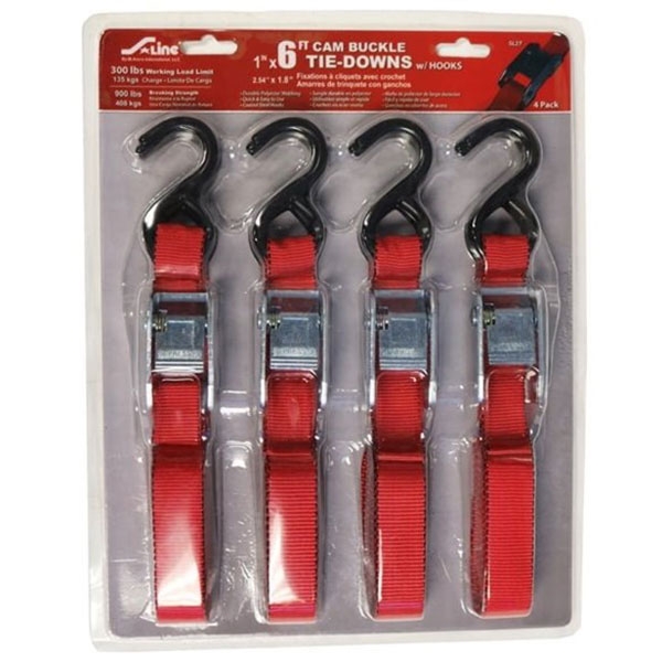 1″ x 6′ S-Hook Cam Buckle Tie-Downs, 4 Pack Blister