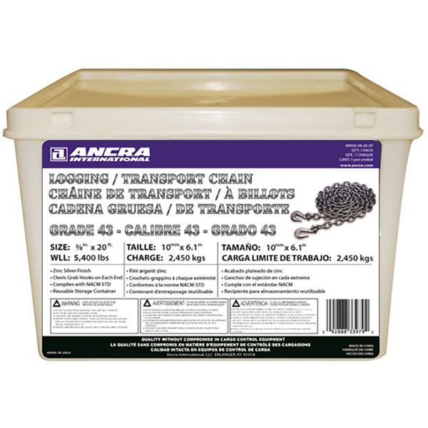 Grade 43 3/8″ x 20′ Chain Assembly / Clevis Hooks in Pail, by Ancra