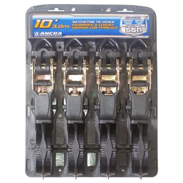 1" X 10' Ratchet utility tie-down with vinyl S hooks, 4 pack, Part 95005, image 1 1" X 10' Ratchet utility tie-down with vinyl S hooks, 4 pack, by Ancra